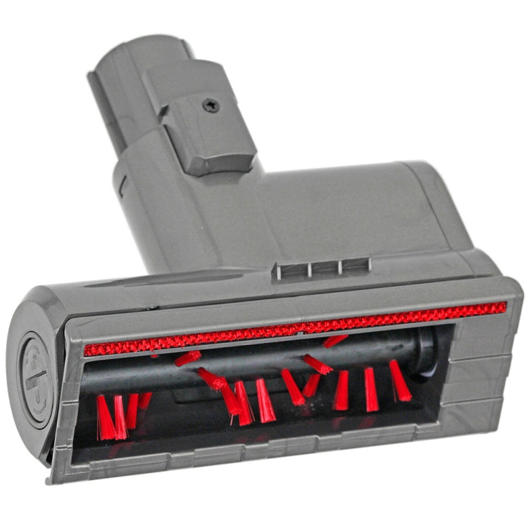 Gray vacuum nozzle head with red bristles, rotating brushes, and vented grille