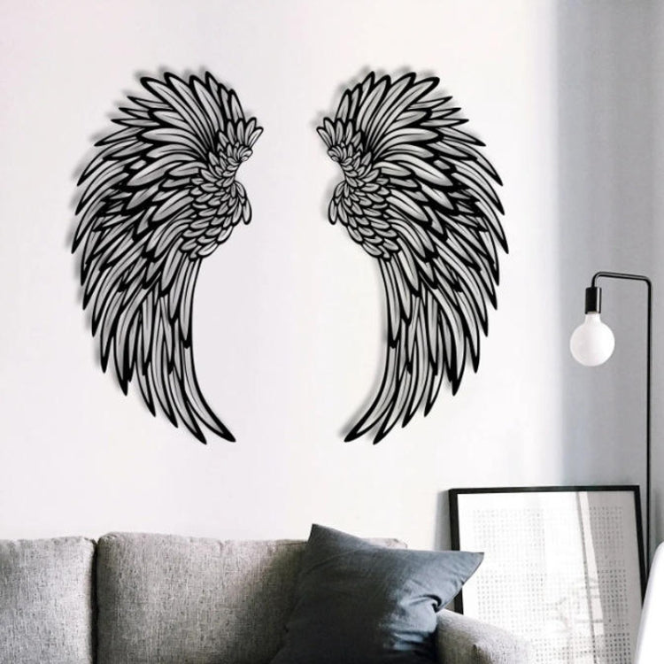 Black engraved metal angel wings wall hanging pair, symmetrical wing cutouts, no lights