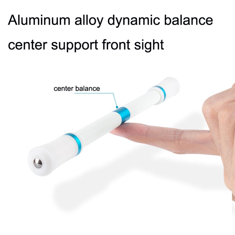White rotating pen with blue stripe accents, held in a hand