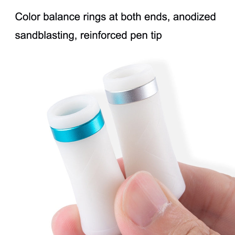 White rotating balance pen with blue rings; reinforced tip, metal ends