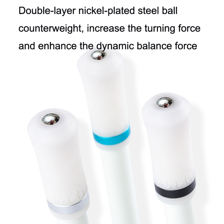 Set of three white rotating pens with blue/black rings and metal ball counterweights