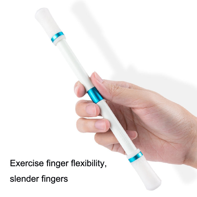 White rotating balance pen with blue grip rings held in a hand