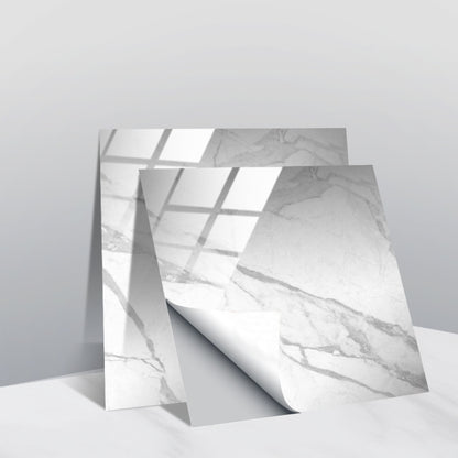 PVC geometric tile wall stickers with white marble look and silver grid lines