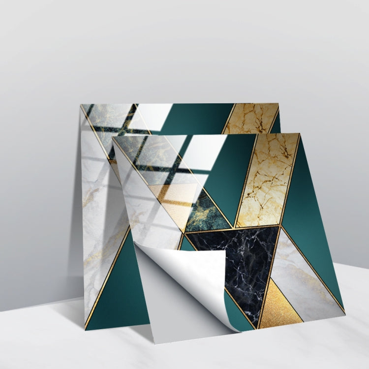 PVC geometric tile wall stickers with teal, white, and gold marble geometric pattern