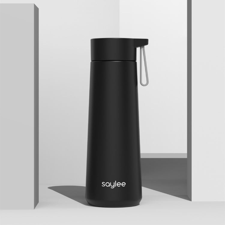 Black stainless steel portable thermos cup with carry loop and flip-top lid