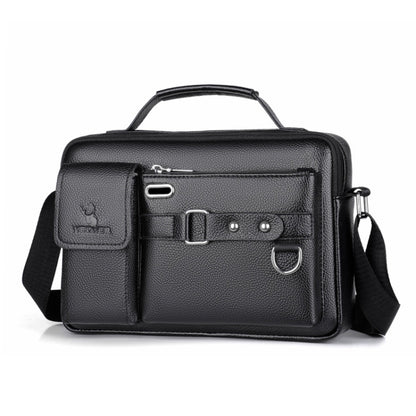 Men's shoulder bag, black textured PU leather with front buckle strap and top handle