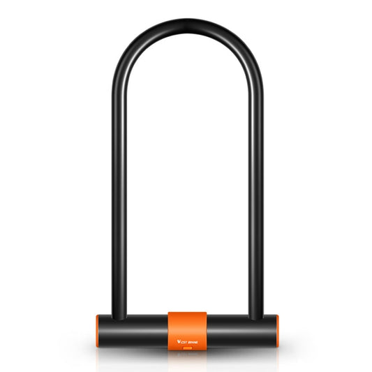 Bicycle U-lock with curved black shackle and orange base accents