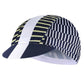 Cycling sun-protection peaked cap with white crown and navy-and-yellow striped panels