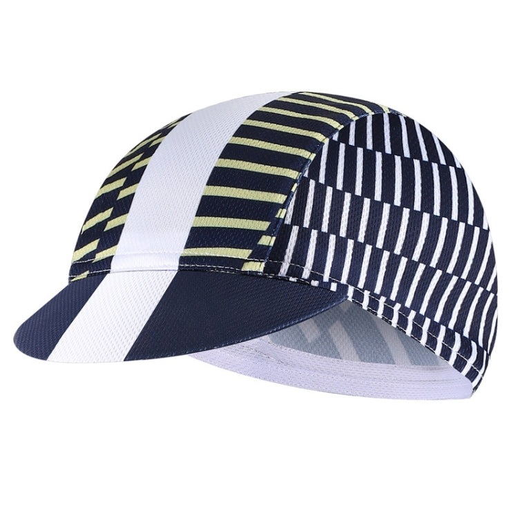 Cycling sun-protection peaked cap with white crown and navy-and-yellow striped panels