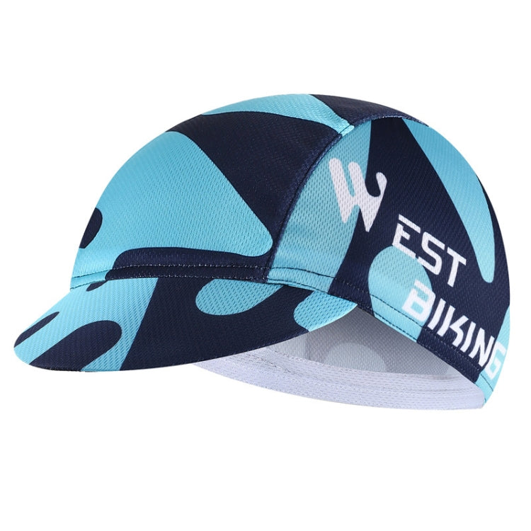Cycling sun-protection peaked cap with light blue and navy graphic panels and logo