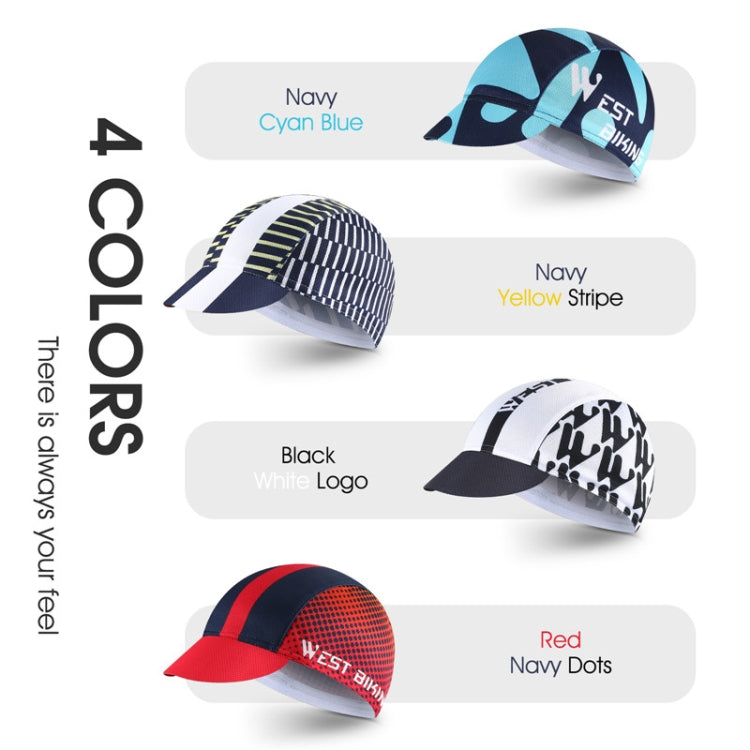 Cycling cap color options shown: navy, black/white logo, yellow navy stripe, red navy dots