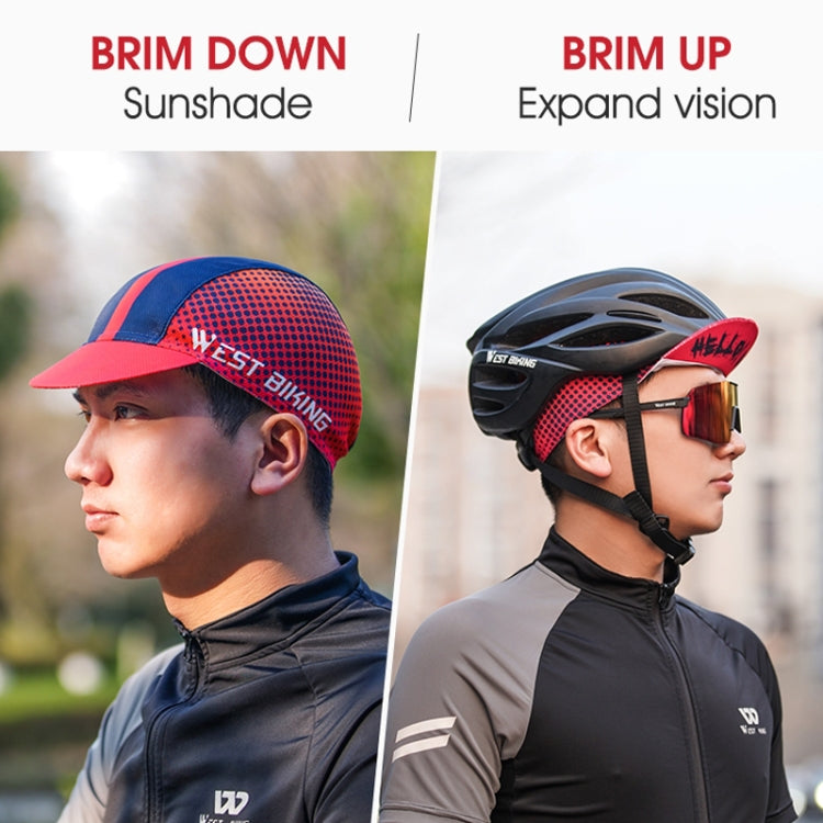 Cycling sun-protection peaked cap with red crown, navy stripe, and dotted front panel