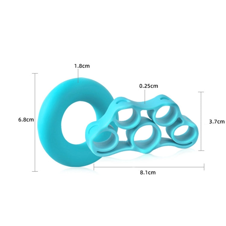Blue silicone finger grip with ring hole and finger loop openings shown with size lines.