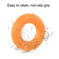Orange silicone finger grip ring with water droplets for non-slip grip.