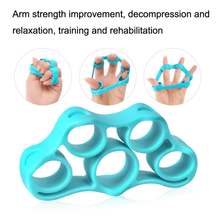 Blue silicone finger grip with ring and three finger loop openings on a hand.