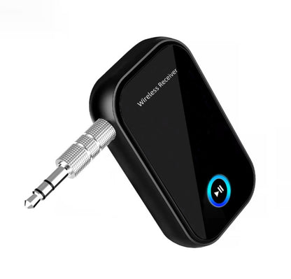 Black wireless audio receiver with 3.5mm metal plug and blue power button