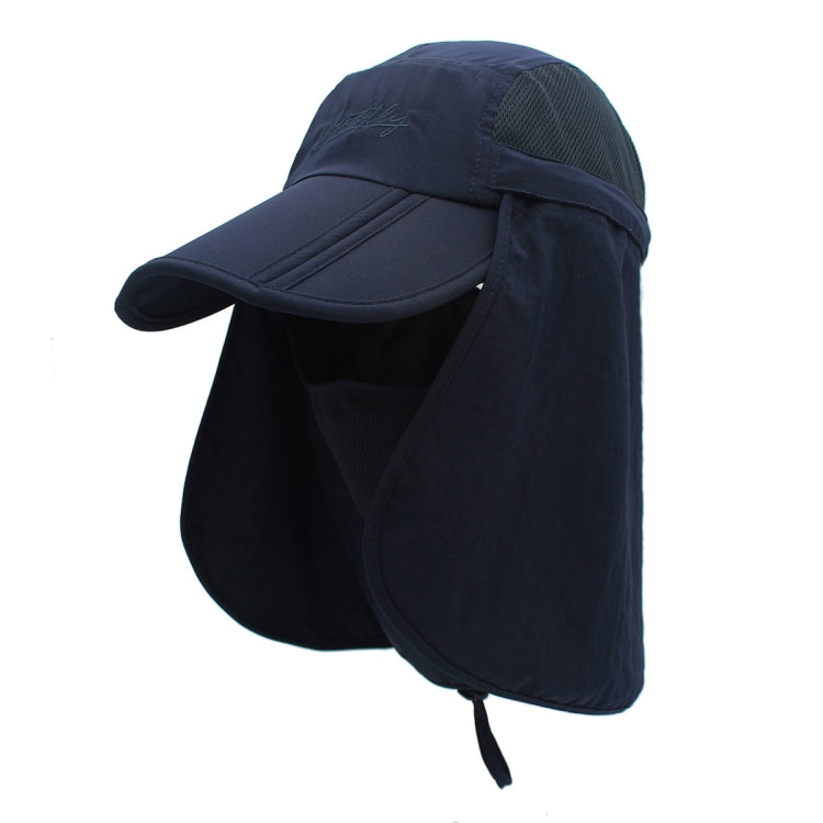 Navy adjustable 360° sun hat with mesh side, wide brim, and tie-back neck flap