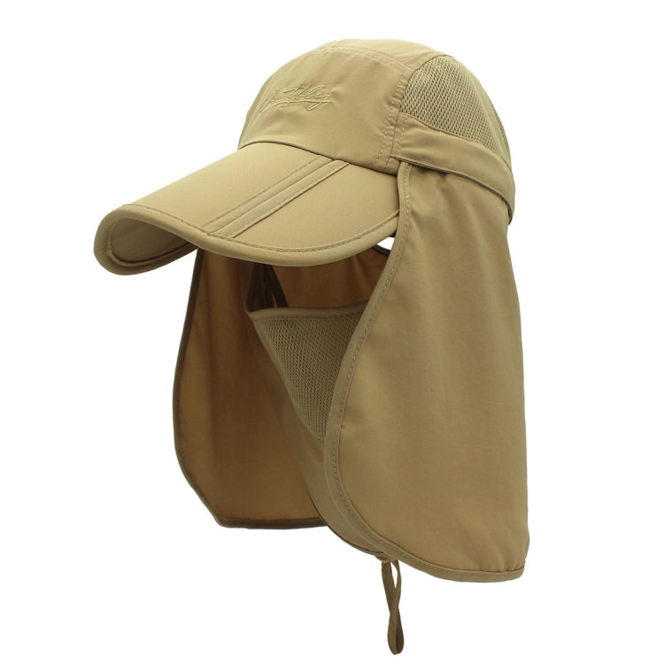 Khaki 360-degree sun hat with wide visor, mesh side panels and face flap, drawstring
