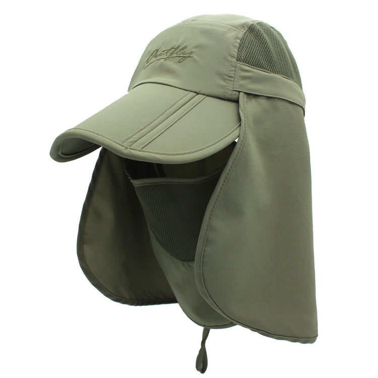Pale green 360-degree sun hat with wide visor, mesh side panels and face flap, drawstring