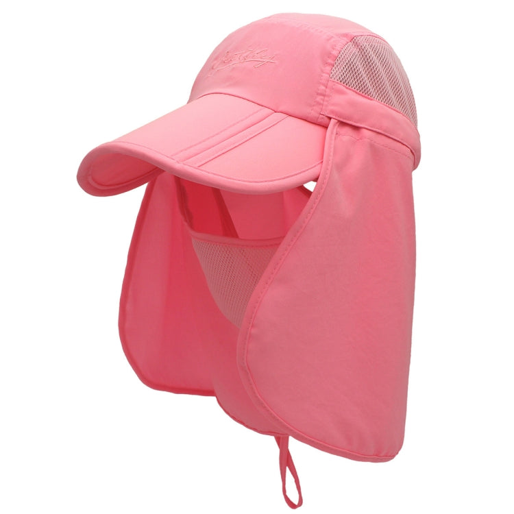 Pink 360-degree sun hat with face flap and mesh panel, wide visor, drawstring