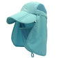 Light teal 360-degree sun hat with wide visor, breathable mesh panels and face flap, tie