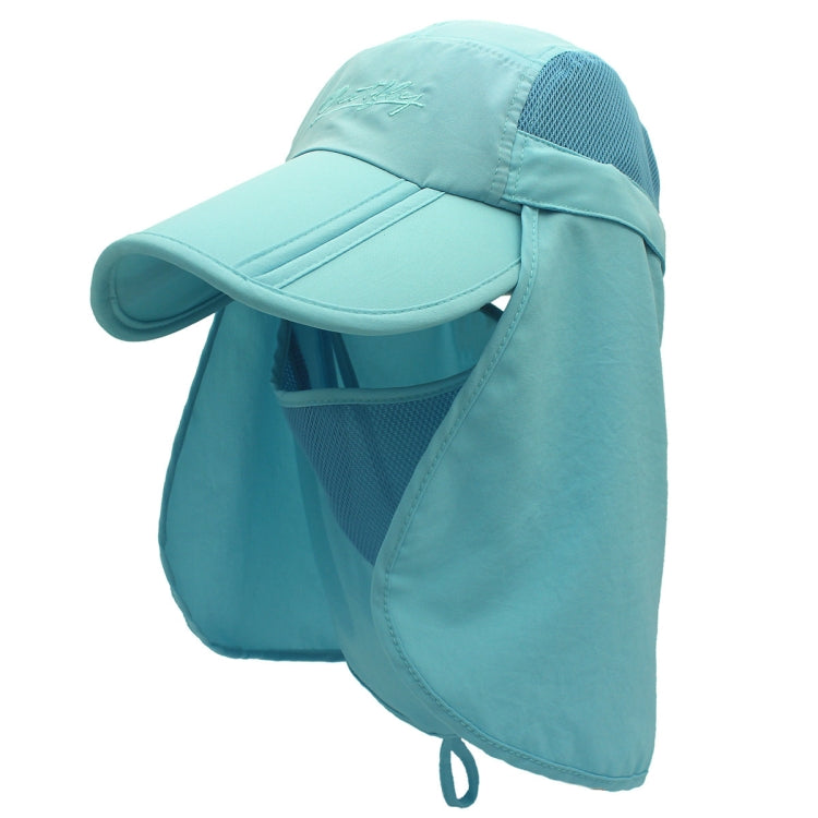 Light teal 360-degree sun hat with wide visor, breathable mesh panels and face flap, tie