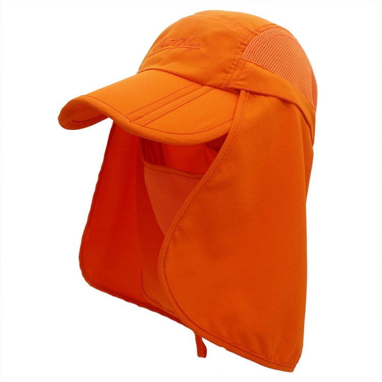 Orange 360-degree sun hat with mesh panel and face flap, wide visor, hanging drawstring
