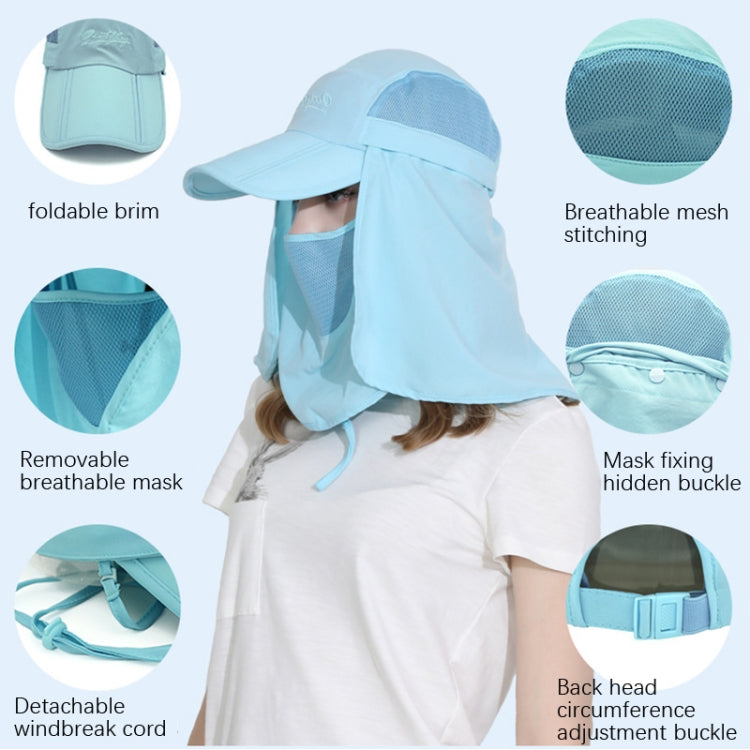 Light blue 360-degree sun hat with wide visor, breathable mesh panels and face flap