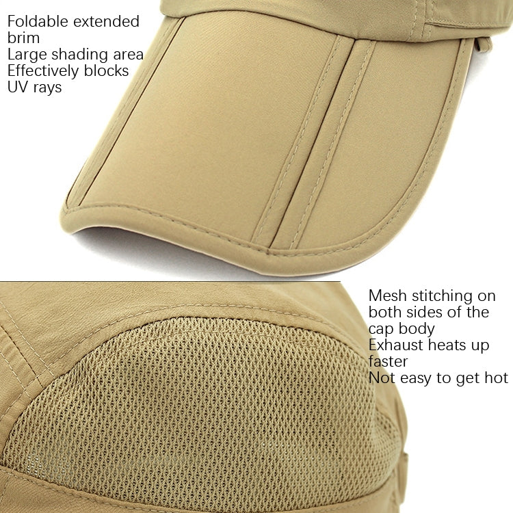 Khaki UV sun cap with extended brim and breathable mesh side panels