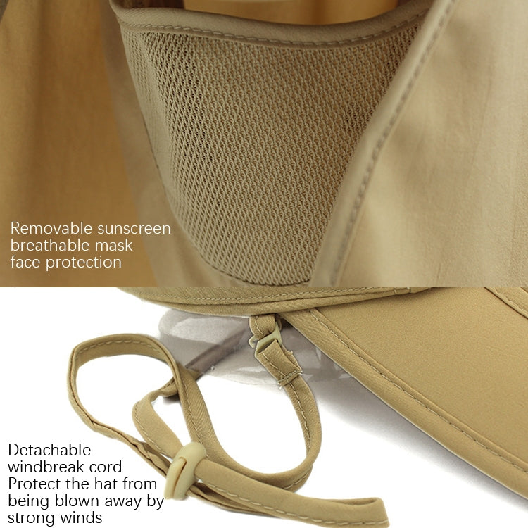 Khaki UV sun cap with mesh face screen and detachable windbreak cord