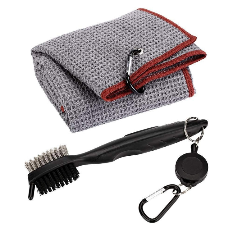 Grey golf cleaning towel with red trim and black club cleaning brush set
