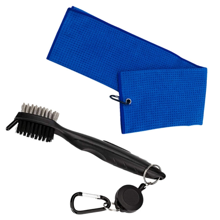 Blue golf cleaning towel and black club cleaning brush set with hook clip