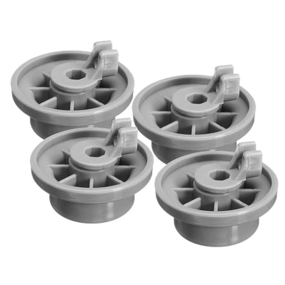 Dishwasher rack wheels set of 4, gray plastic with central hub and clips