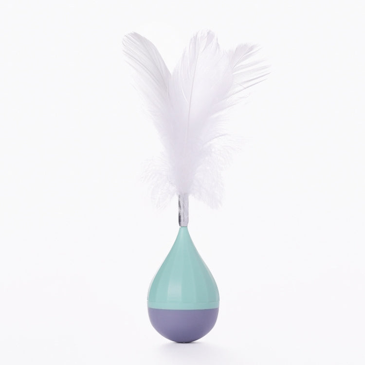Feather tumbler cat toy with white feathers and teal-and-dark gray base
