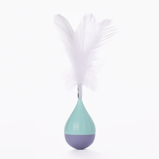 Feather tumbler cat toy with white feathers and teal-and-dark gray base