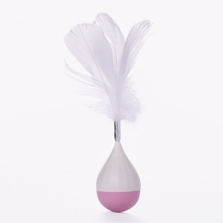 Feather tumbler cat toy with white feathers and light purple-and-pink base