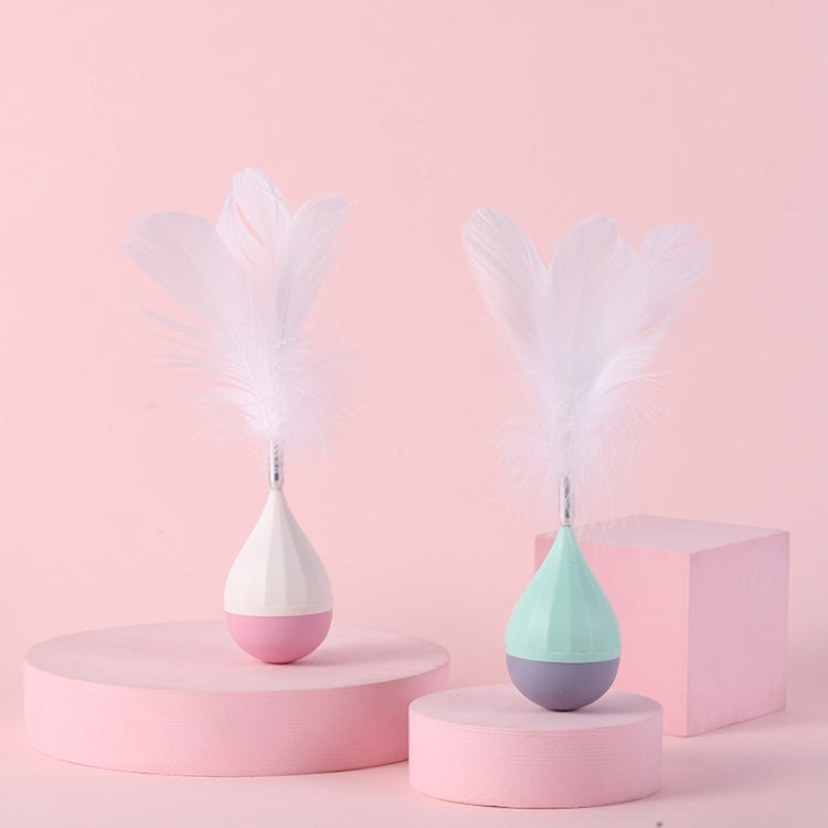 Set of two feather tumbler cat toys with white feathers, teal and pink bases
