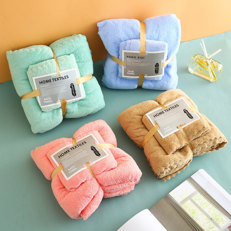 Colorful coral fleece bath towel sets in teal, blue, pink, and tan, bundled