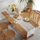 White lace table runner along long dining table, lace appliques and striped center section