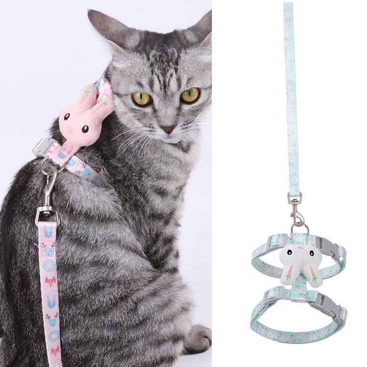 Adjustable cat leash with rabbit head charm and pink patterned strap, metal D-ring and clasp