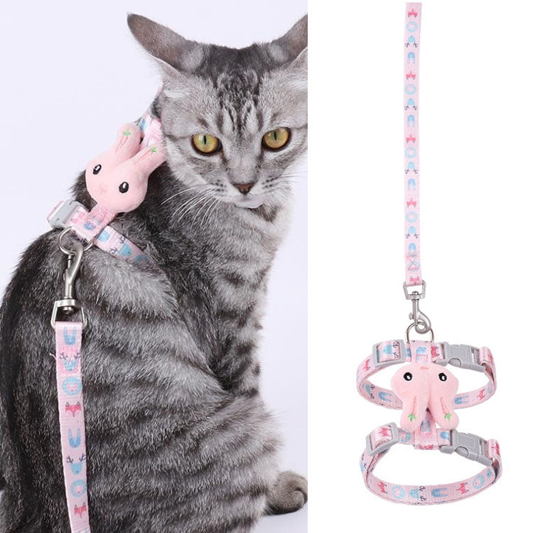 Adjustable cat leash with rabbit head charm and pink patterned strap, quick metal clip closure
