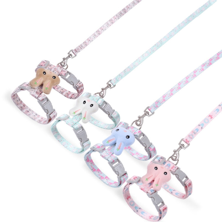 Two adjustable cat leashes with rabbit and bunny charms, pastel patterned straps and metal clips