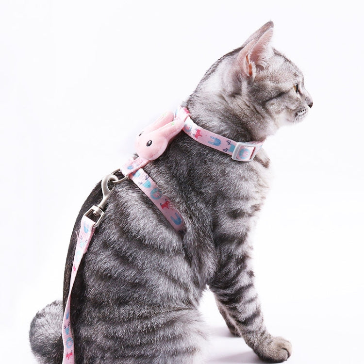 Rabbit charm cat traction leash on a gray cat, adjustable harness strap with metal D-ring