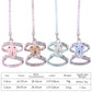 Assorted rabbit head cat leashes shown with pink and blue patterned straps, size chart included