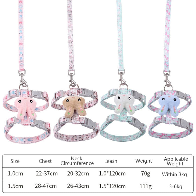 Assorted rabbit head cat leashes shown with pink and blue patterned straps, size chart included