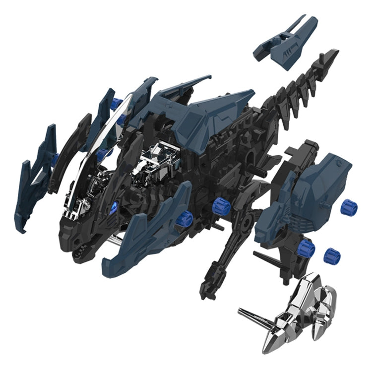 Blue and dark gray electric animal robot toy with long fin head and claw arms