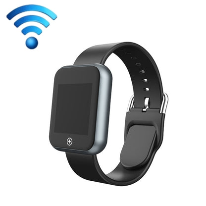 Wireless shock smart watch with dark touchscreen and adjustable black silicone strap