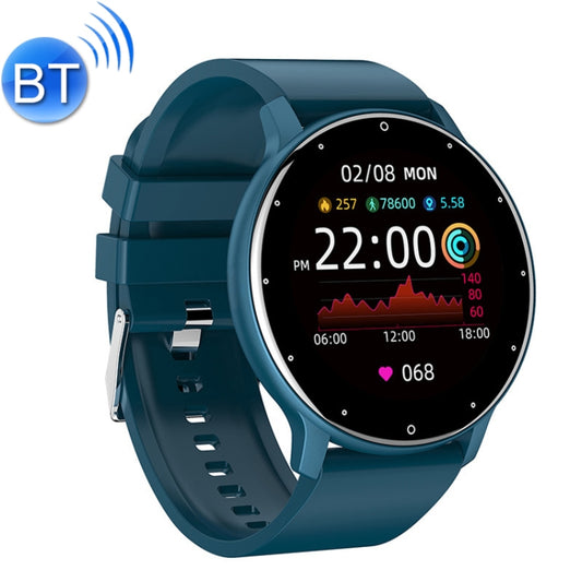Blue smartwatch with teal silicone strap and round black fitness display