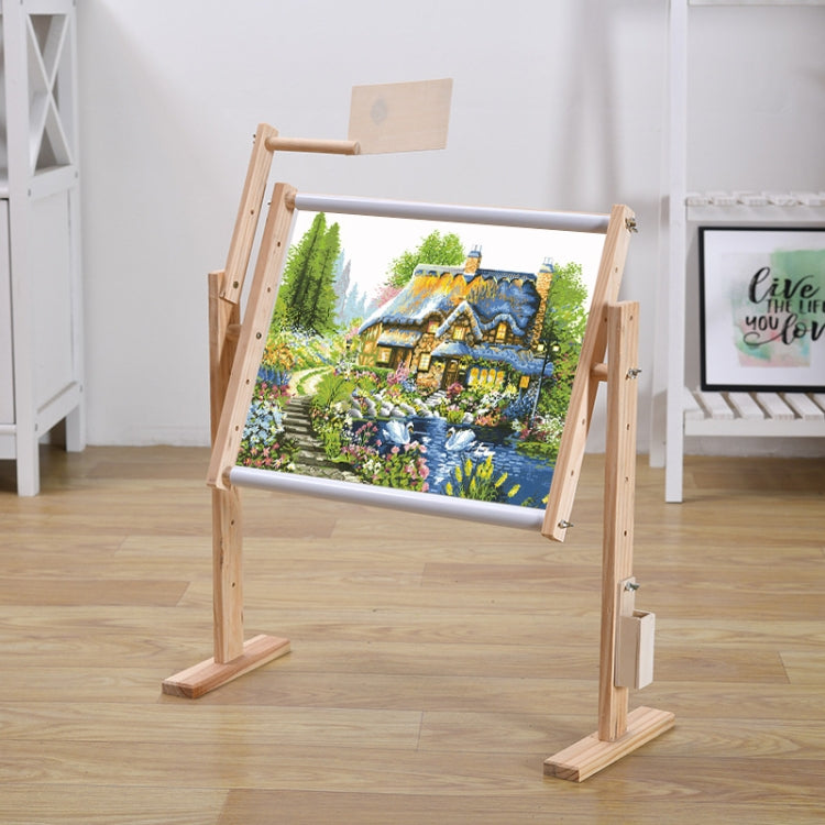 Adjustable pine cross-stitch stand with wooden frame and white scroll bar