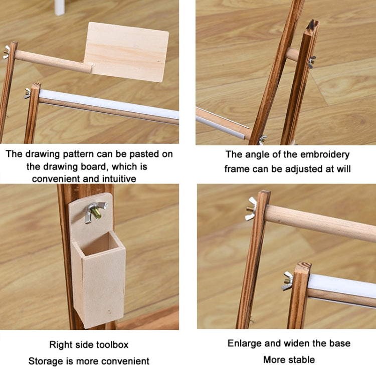 Pine cross-stitch stand with side toolbox and adjustable frame angle